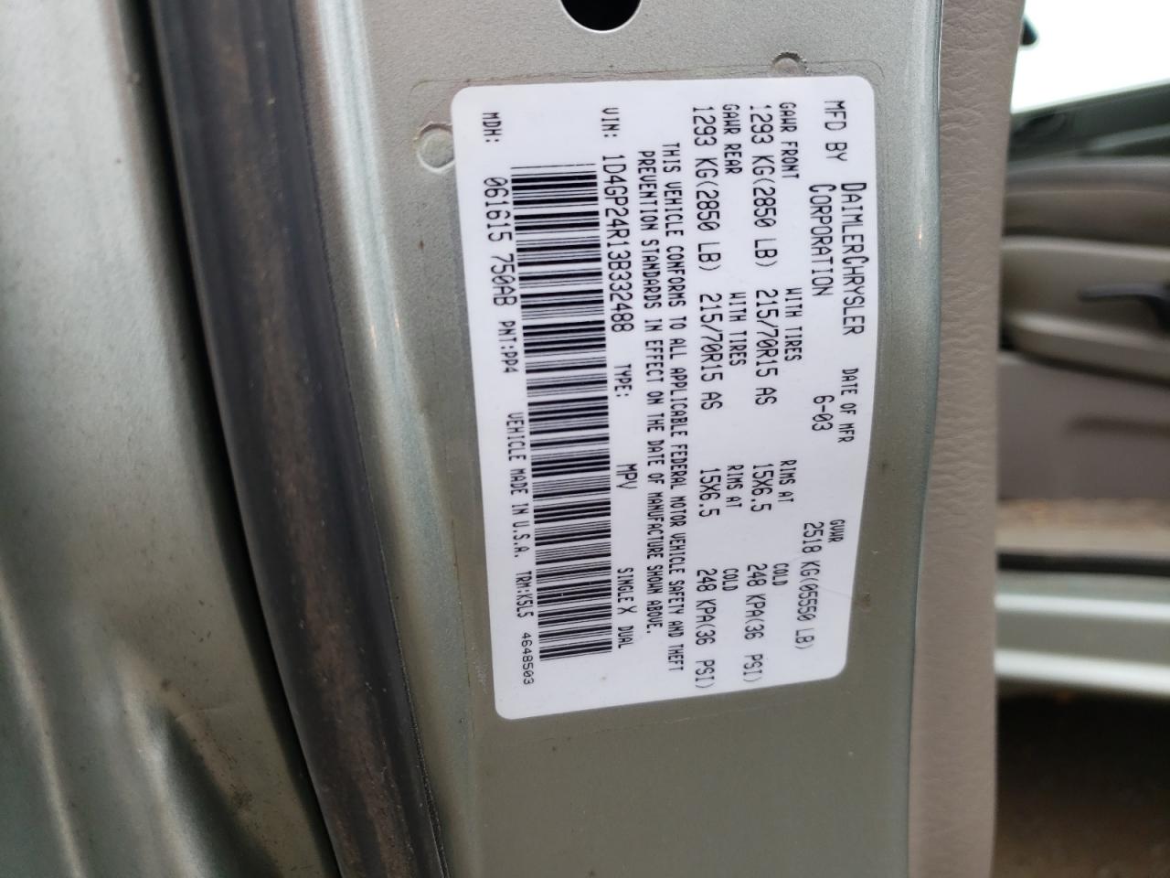 Photo 10 from auction – 2003 DODGE GRAND CARA with VIN 1D4GP24R13B332488