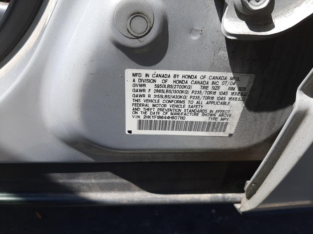 Photo 10 from auction – 2004 HONDA PILOT EXL with VIN 2HKYF18644H607110