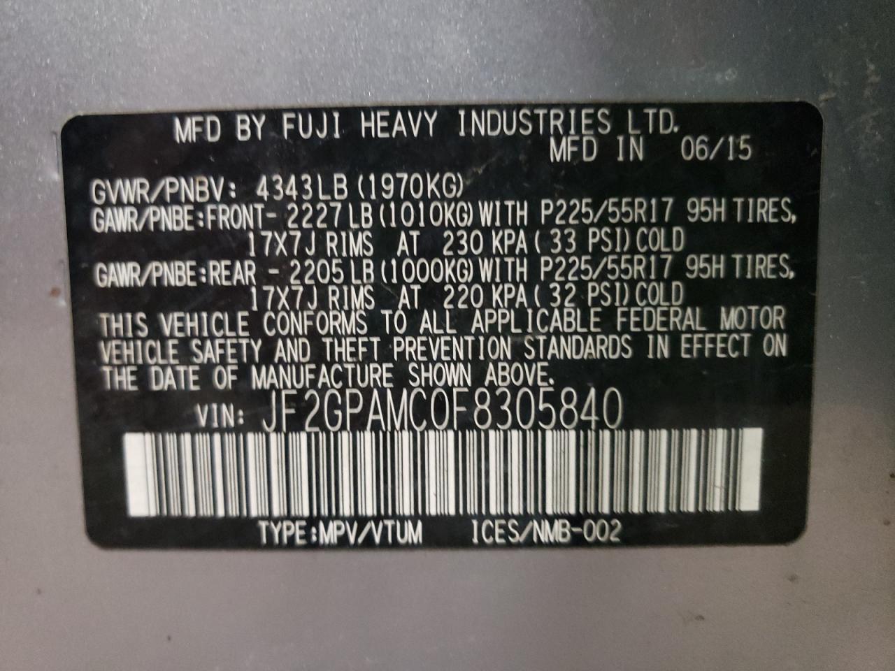 Photo 10 from auction – 2015 SUBARU XV CROSSTR with VIN JF2GPAMC0F8305840