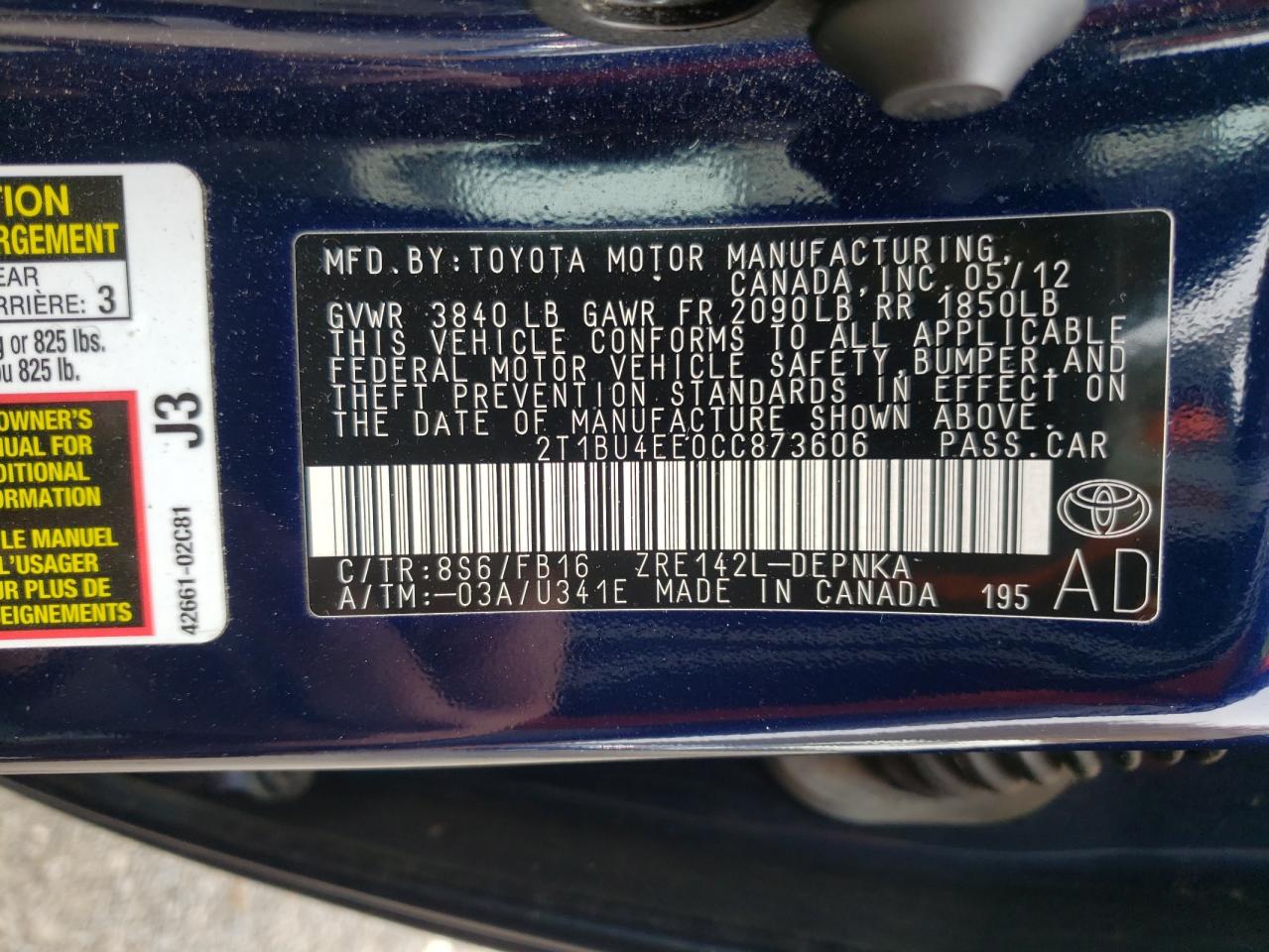 Photo 10 from auction – 2012 TOYOTA COROLLA BA with VIN 2T1BU4EE0CC873606