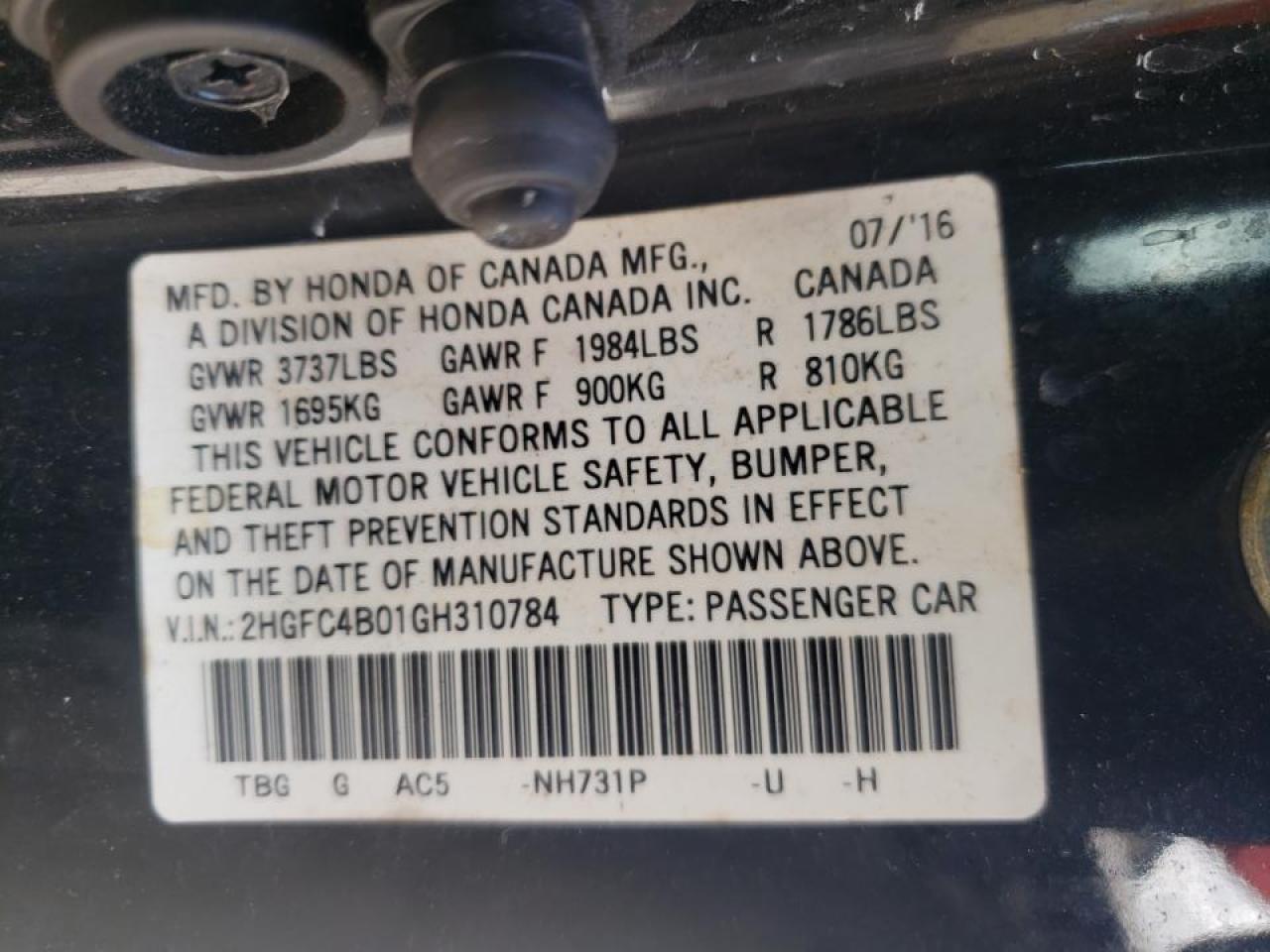 Photo 10 from auction – 2016 HONDA CIVIC LX with VIN 2HGFC4B01GH310784