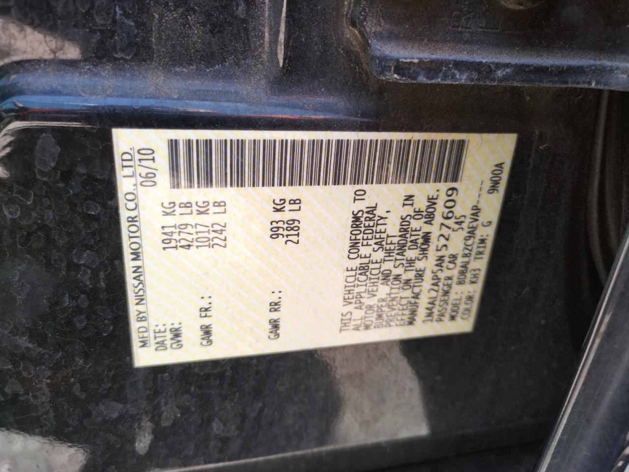 Photo 10 from auction – 2010 NISSAN ALTIMA BAS with VIN 1N4AL2AP5AN527609