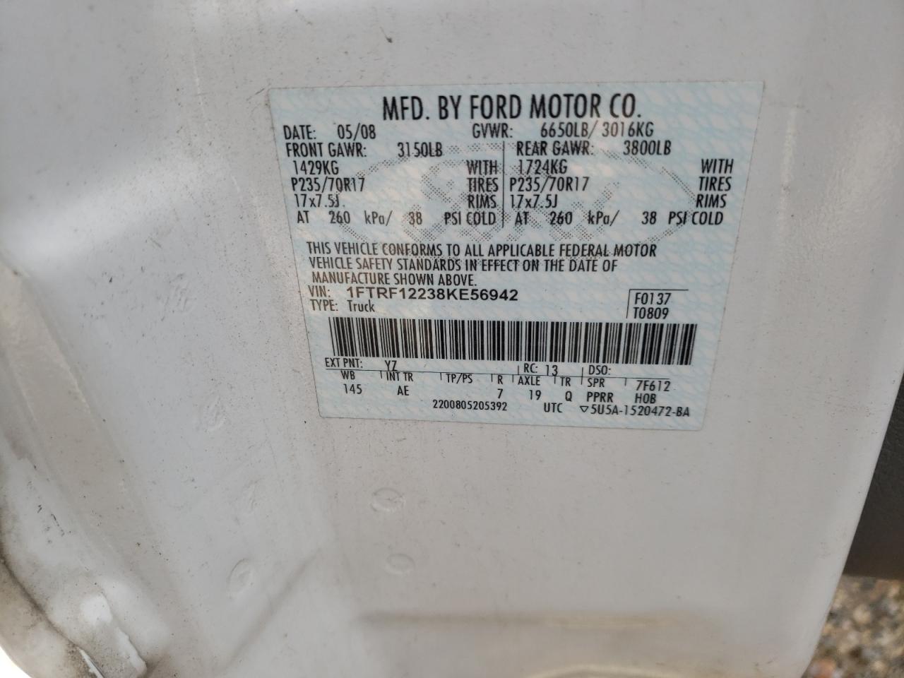 Photo 10 from auction – 2008 FORD OTHER with VIN 1FTRF12238KE56942