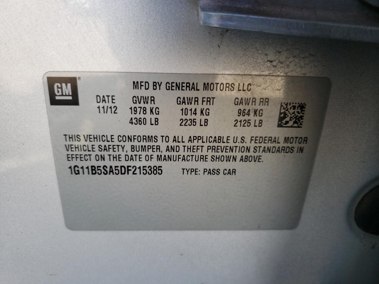 Photo 10 from auction – 2013 CHEVROLET MALIBU LS with VIN 1G11B5SA5DF215385