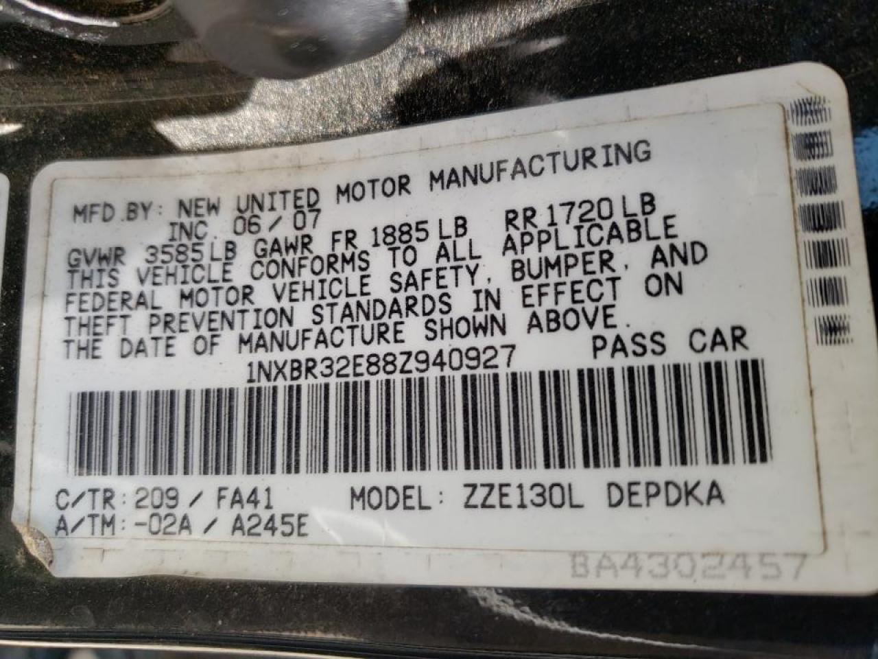 Photo 10 from auction – 2008 TOYOTA COROLLA CE with VIN 1NXBR32E88Z940927
