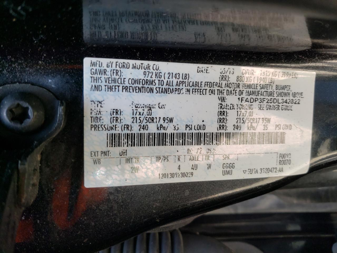 Photo 10 from auction – 2013 FORD FOCUS SE with VIN 1FADP3F25DL342822