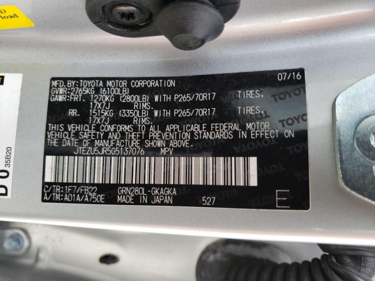 Photo 10 from auction – 2016 TOYOTA 4RUNNER SR with VIN JTEZU5JR5G5137076