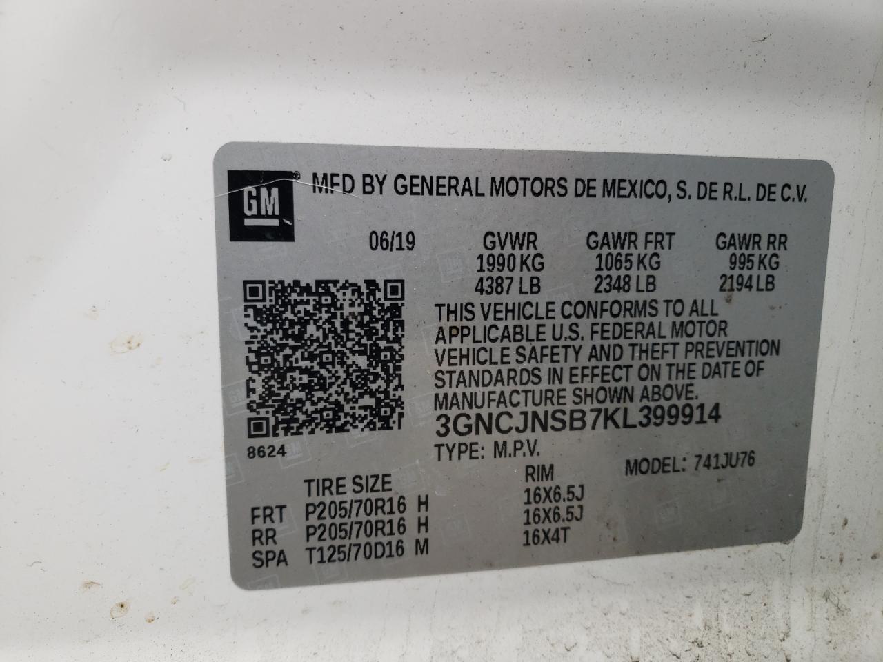 Photo 10 from auction – 2019 CHEVROLET TRAX LS with VIN 3GNCJNSB7KL399914