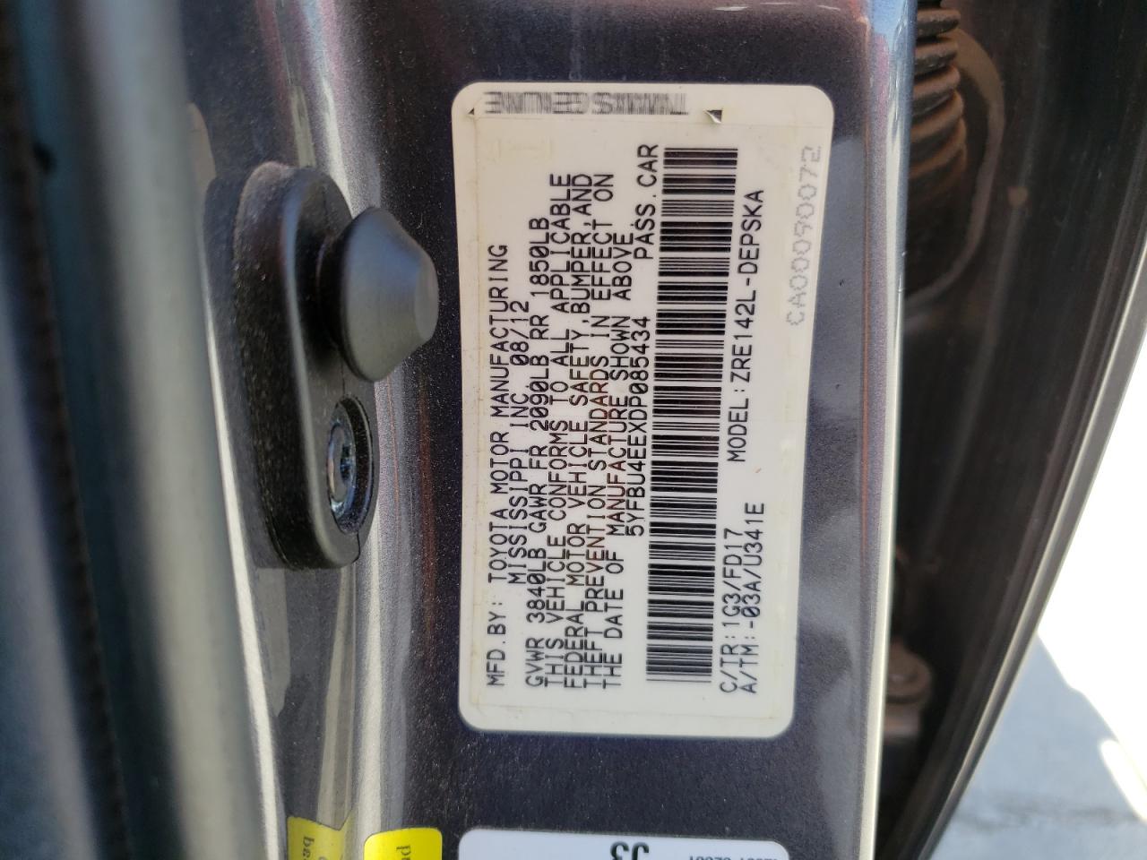 Photo 10 from auction – 2013 TOYOTA COROLLA BA with VIN 5YFBU4EEXDP085434