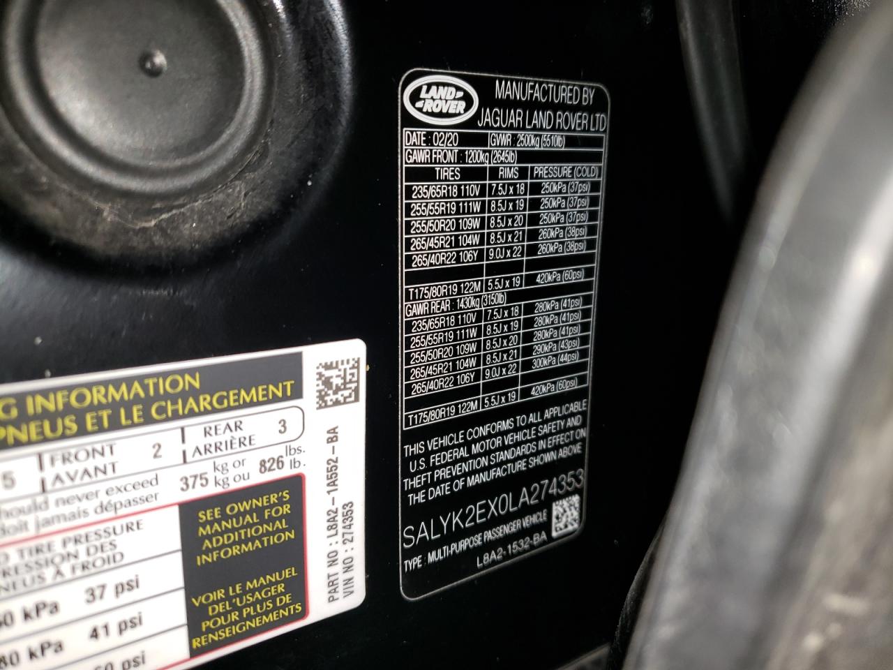 Photo 10 from auction – 2020 LAND ROVER RANGE ROVE with VIN SALYK2EX0LA274353