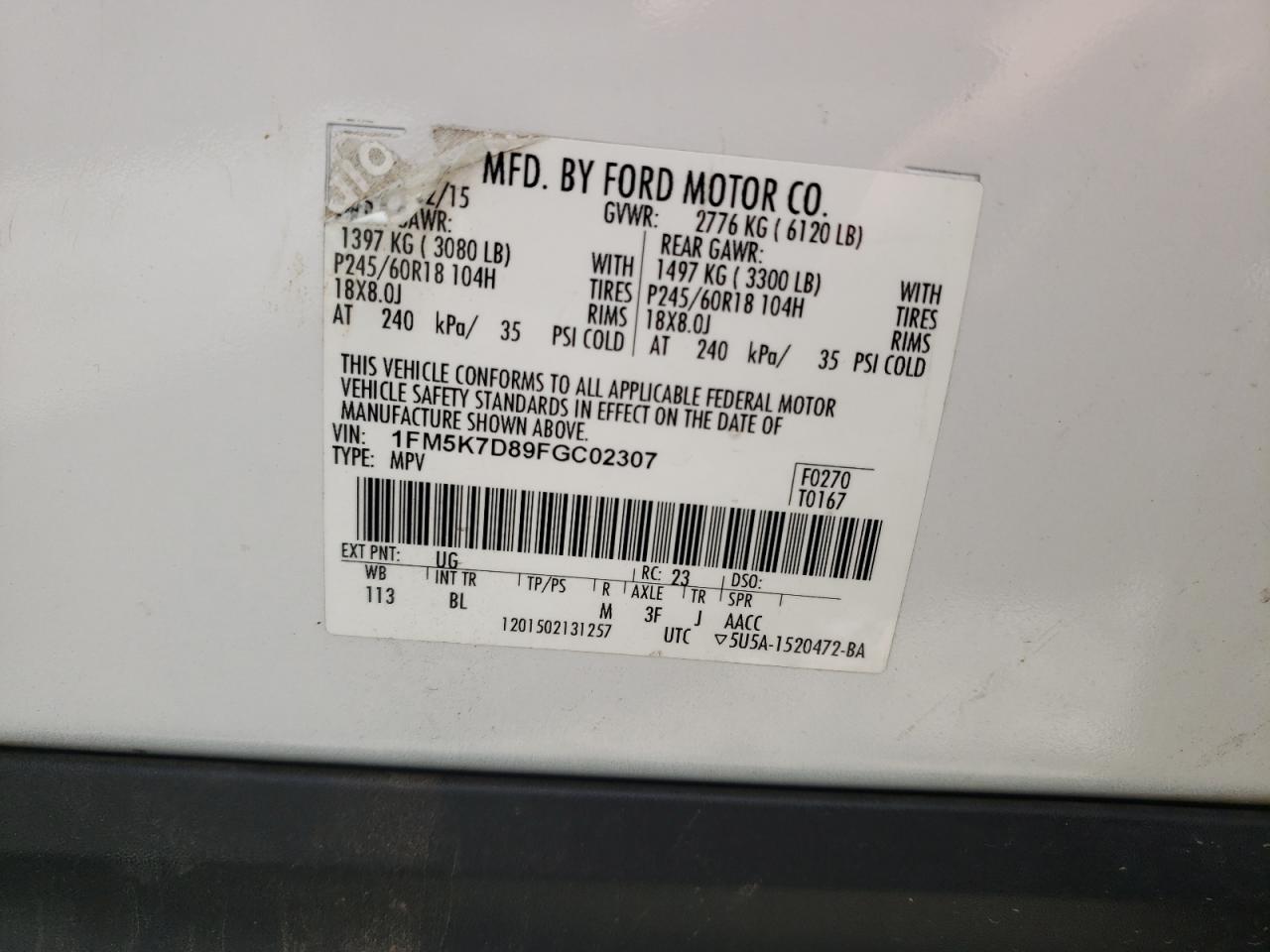 Photo 10 from auction – 2015 FORD EXPLORER X with VIN 1FM5K7D89FGC02307