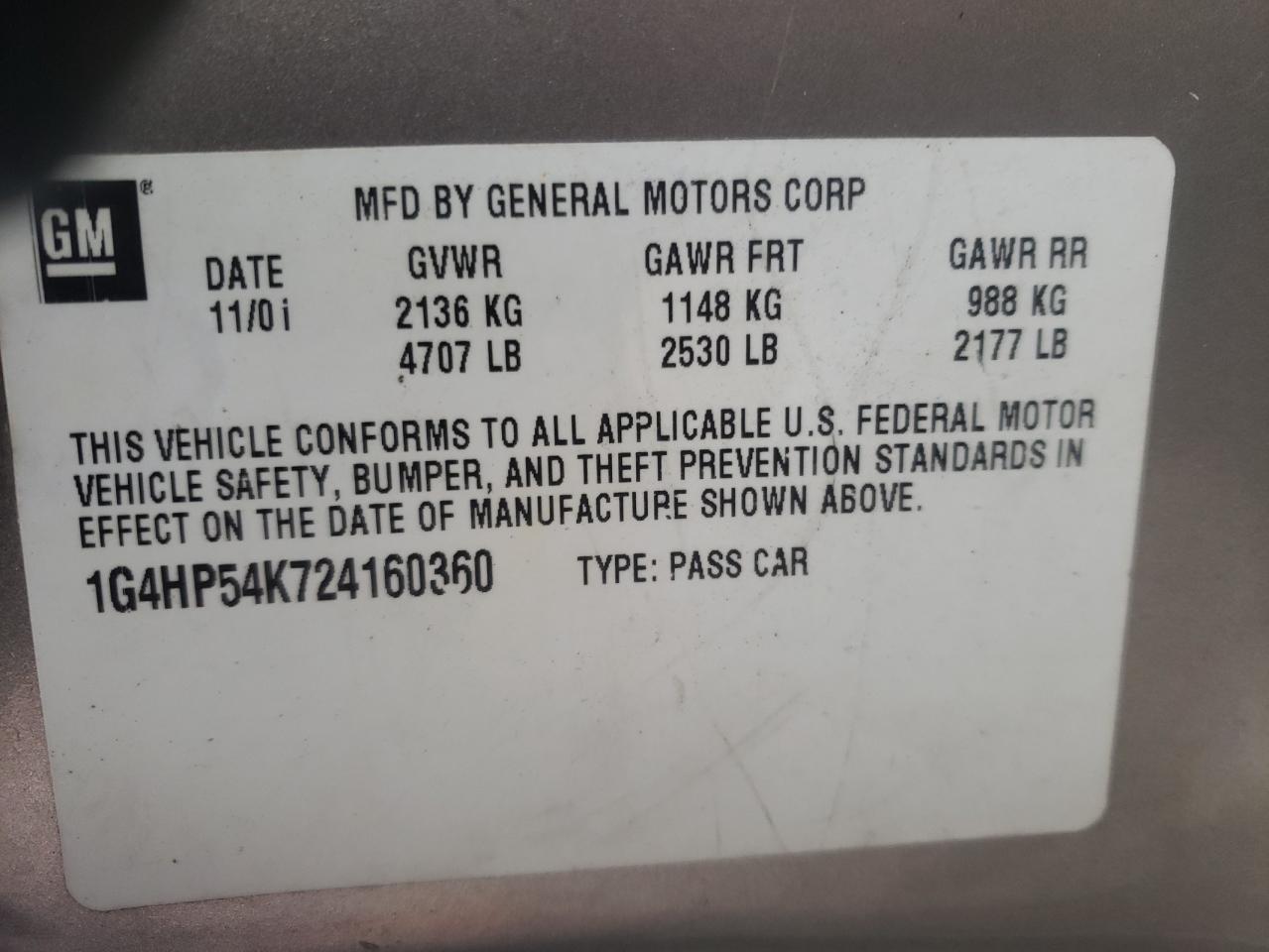 Photo 10 from auction – 2002 BUICK LESABRE CU with VIN 1G4HP54K724160360