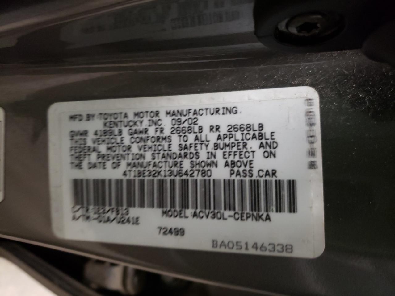 Photo 10 from auction – 2003 TOYOTA CAMRY with VIN 4T1BE32K13U642780