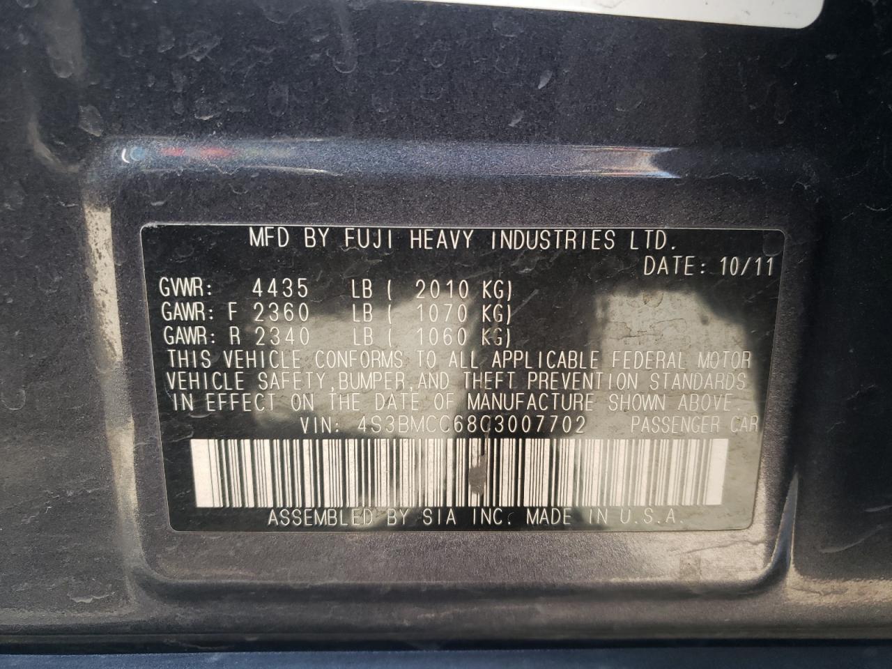 Photo 10 from auction – 2012 SUBARU LEGACY 2.5 with VIN 4S3BMCC68C3007702