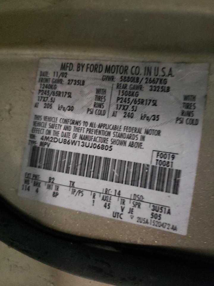 Photo 10 from auction – 2003 MERCURY MOUNTAINEE with VIN 4M2DU86W13UJ06805