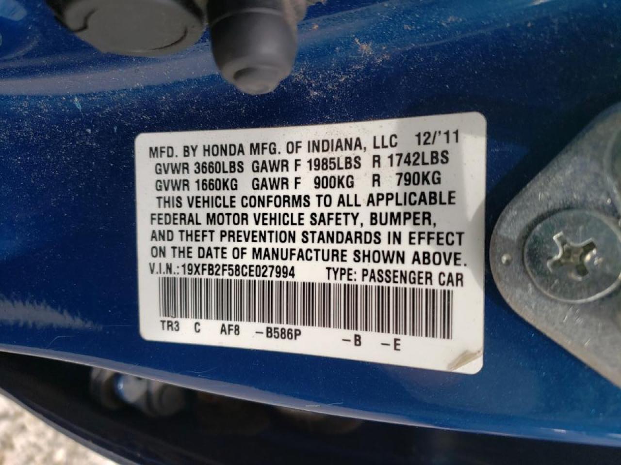 Photo 10 from auction – 2012 HONDA CIVIC LX with VIN 19XFB2F58CE027994