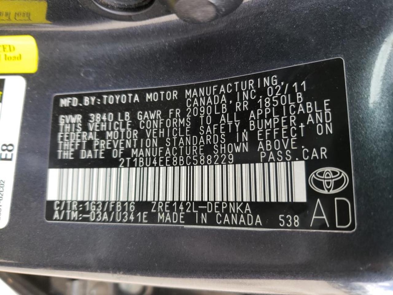 Photo 10 from auction – 2011 TOYOTA COROLLA BA with VIN 2T1BU4EE8BC588229