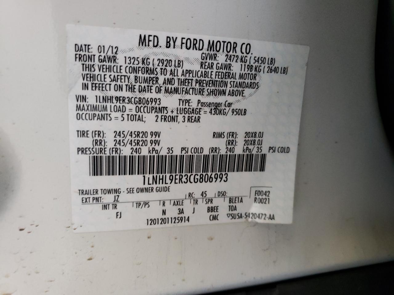 Photo 10 from auction – 2012 LINCOLN MKS with VIN 1LNHL9ER3CG806993
