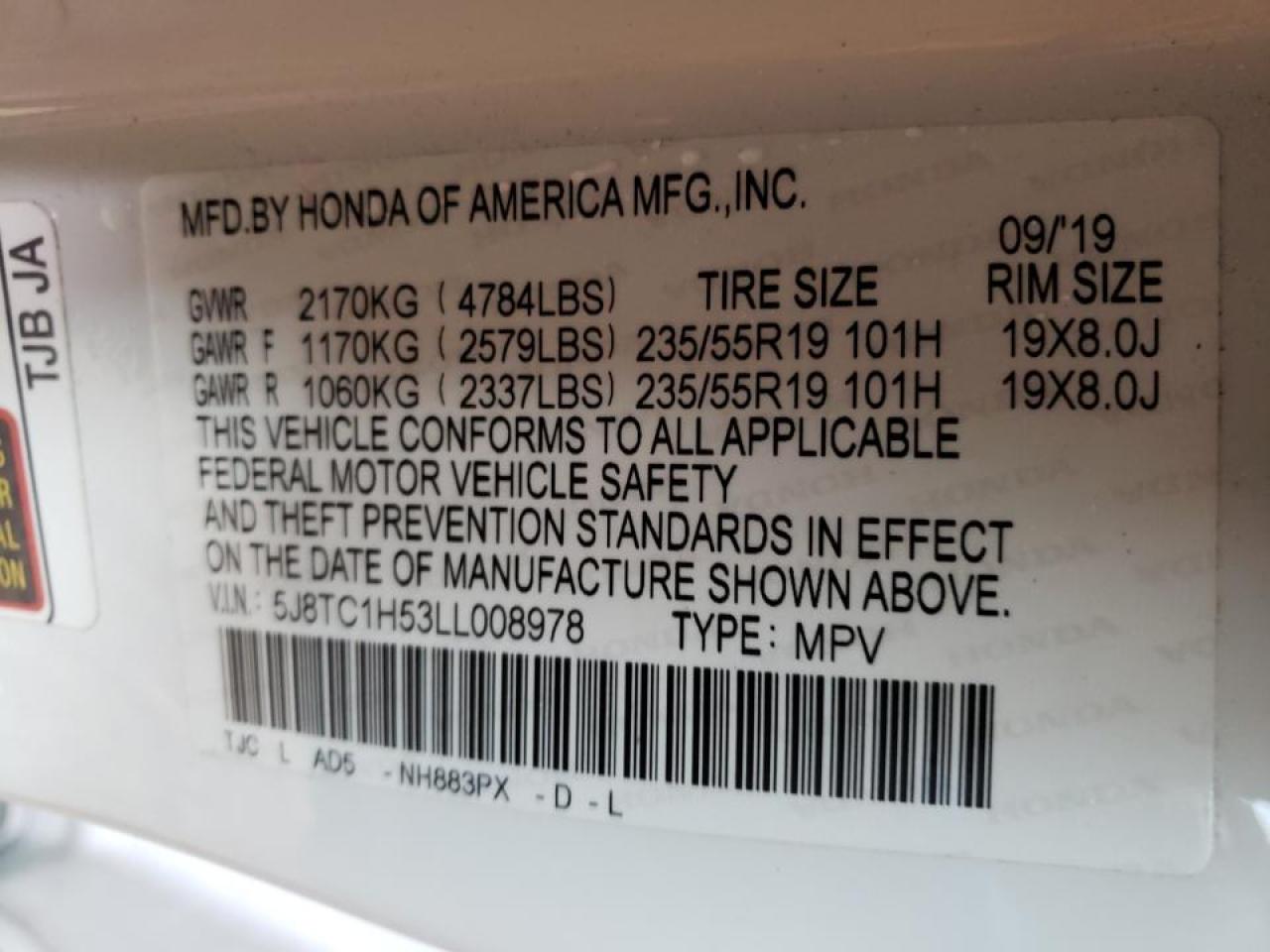Photo 10 from auction – 2020 ACURA RDX TECHNO with VIN 5J8TC1H53LL008978