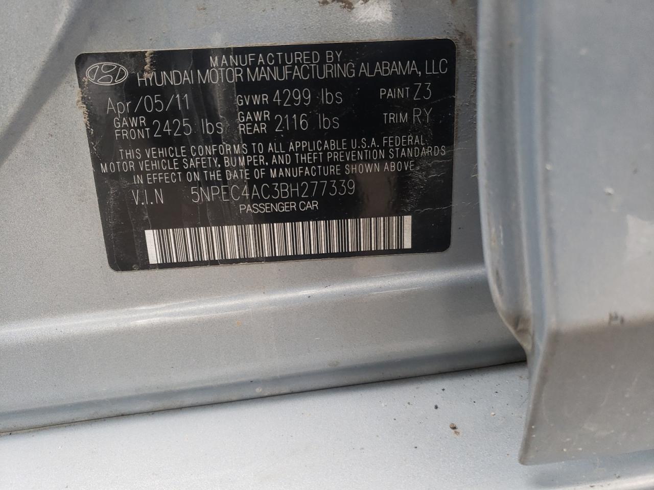 Photo 10 from auction – 2011 HYUNDAI SONATA SE with VIN 5NPEC4AC3BH277339