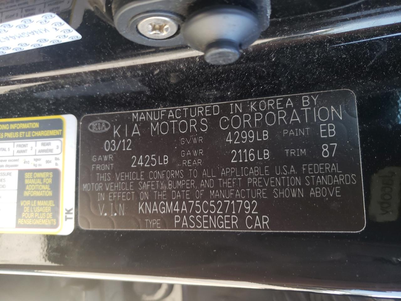 Photo 10 from auction – 2012 KIA OPTIMA LX with VIN KNAGM4A75C5271792