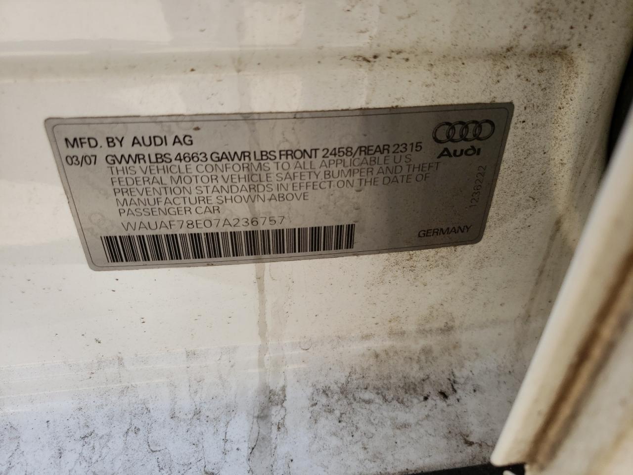 Photo 10 from auction – 2007 AUDI A4 2 with VIN WAUAF78E07A236757