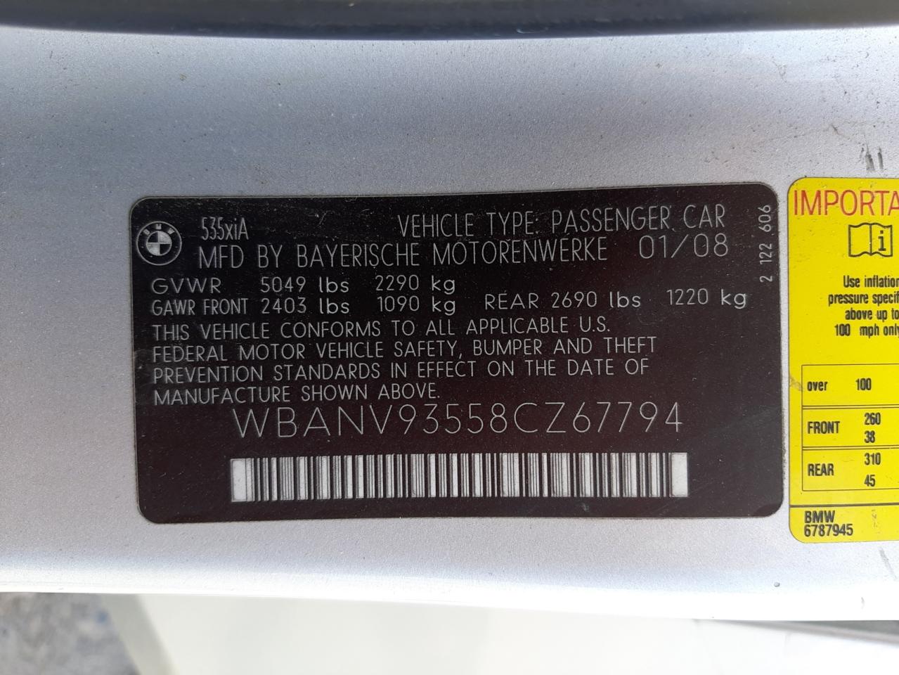 Photo 10 from auction – 2008 BMW 535 XI with VIN WBANV93558CZ67794