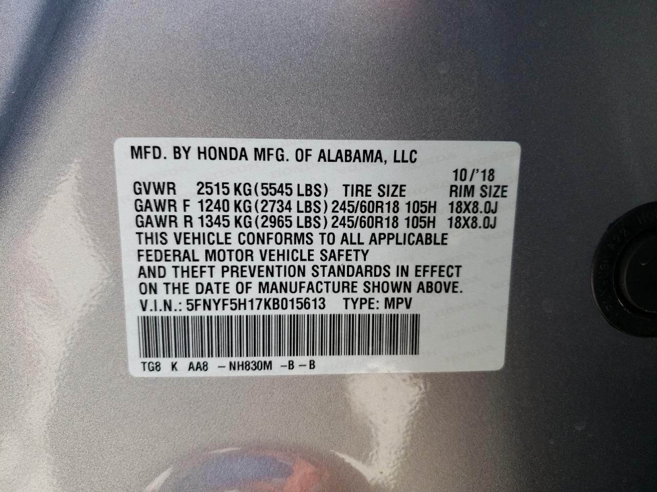 Photo 10 from auction – 2019 HONDA PILOT LX with VIN 5FNYF5H17KB015613