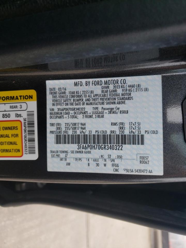 Photo 10 from auction – 2016 FORD FUSION SE with VIN 3FA6P0H70GR340322