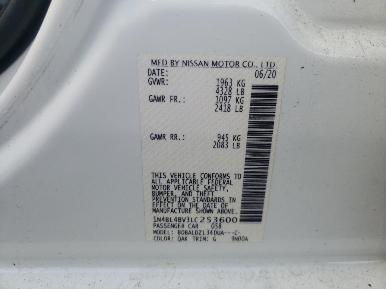 Photo 10 from auction – 2020 NISSAN ALTIMA S with VIN 1N4BL4BV3LC253600