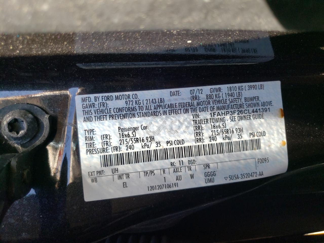 Photo 10 from auction – 2012 FORD FOCUS SE with VIN 1FAHP3F26CL441391