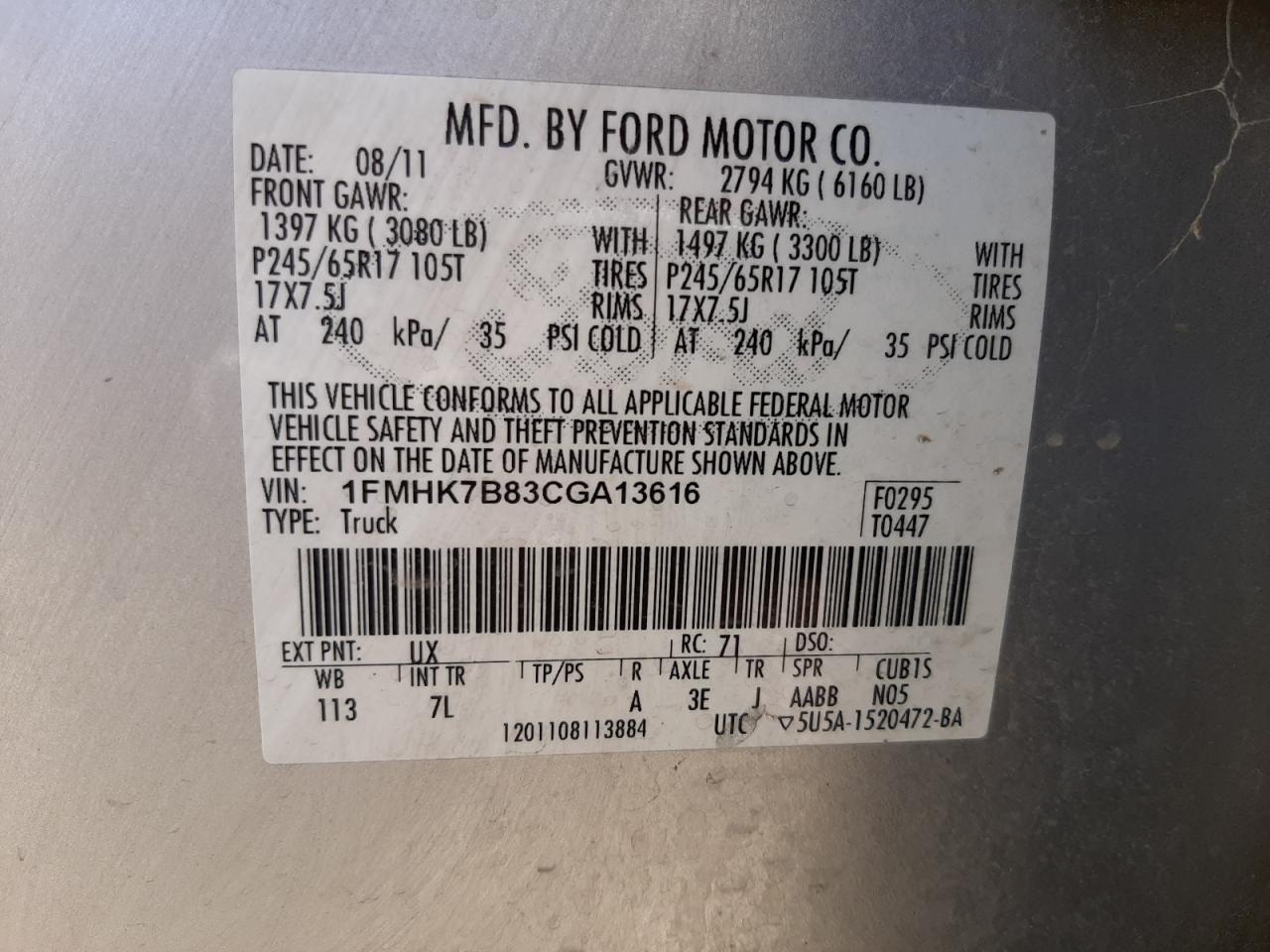 Photo 10 from auction – 2012 FORD EXPLORER with VIN 1FMHK7B83CGA13616
