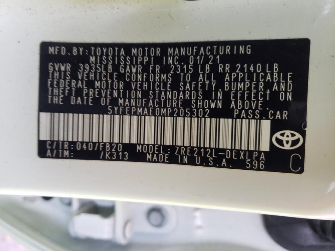 Photo 10 from auction – 2021 TOYOTA COROLLA LE with VIN 5YFEPMAE0MP205302
