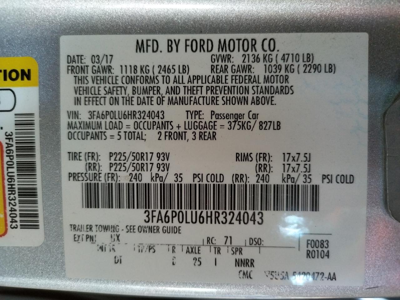 Photo 10 from auction – 2017 FORD FUSION SE with VIN 3FA6P0LU6HR324043