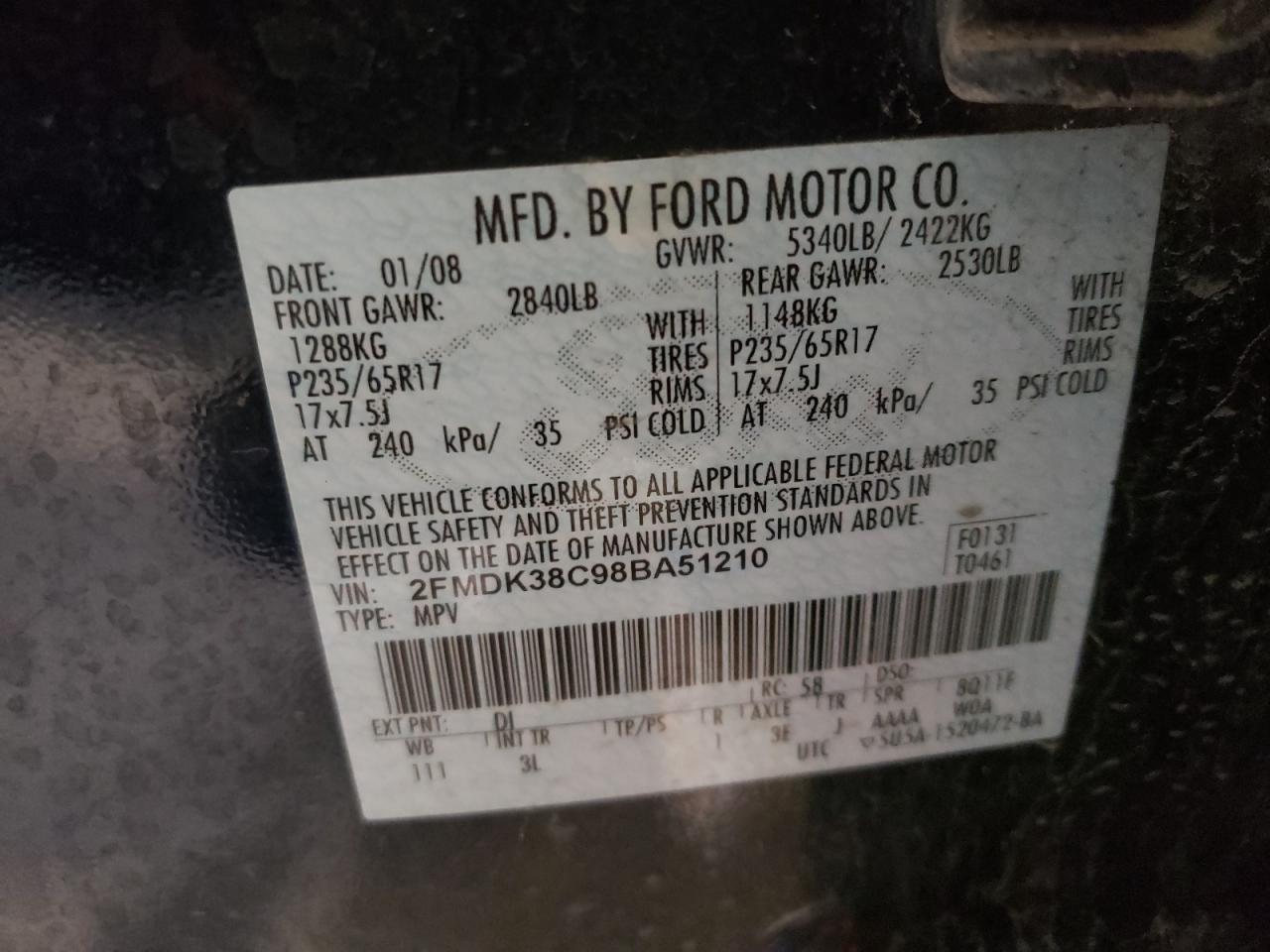 Photo 10 from auction – 2008 FORD EDGE SEL with VIN 2FMDK38C98BA51210