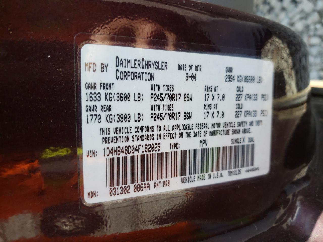 Photo 10 from auction – 2004 DODGE DURANGO with VIN 1D4HB48D04F182025