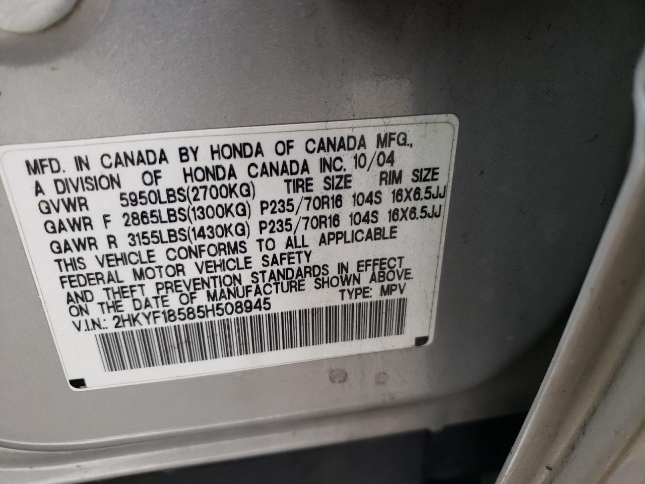 Photo 10 from auction – 2005 HONDA PILOT with VIN 2HKYF18585H508945
