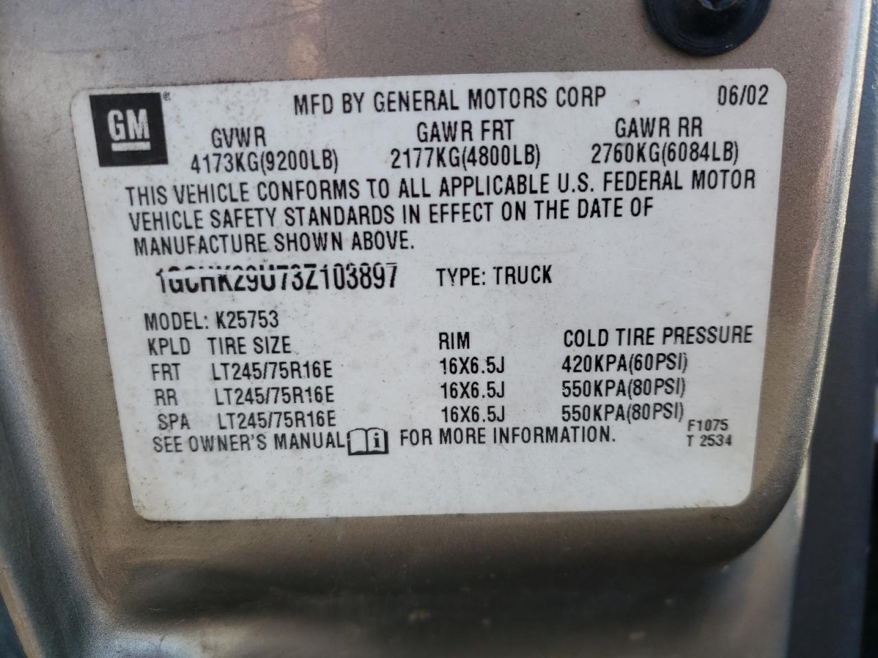 Photo 10 from auction – 2003 CHEVROLET SILVERADO with VIN 1GCHK29U73Z103897