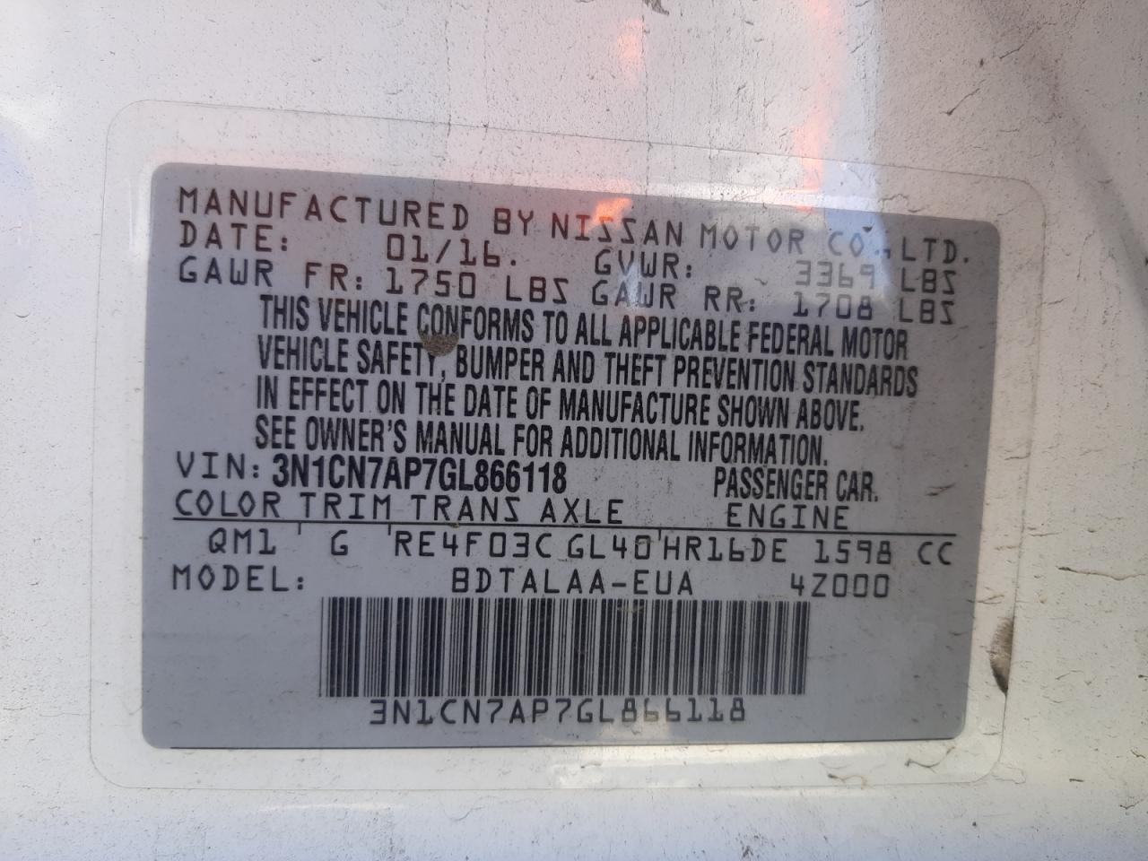 Photo 10 from auction – 2016 NISSAN VERSA S with VIN 3N1CN7AP7GL866118