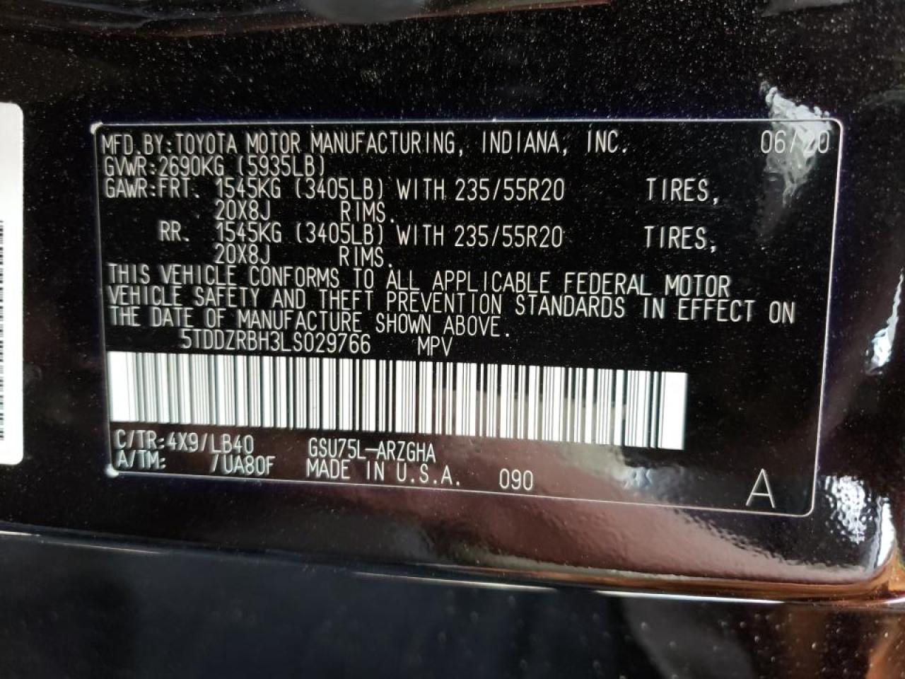 Photo 10 from auction – 2020 TOYOTA HIGHLANDER with VIN 5TDDZRBH3LS029766