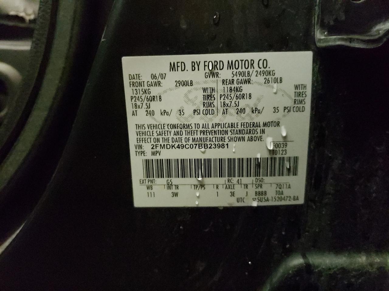 Photo 10 from auction – 2007 FORD EDGE SEL P with VIN 2FMDK49C07BB23981