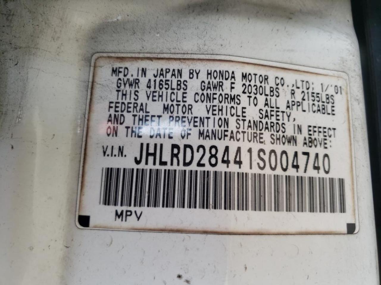 Photo 10 from auction – 2001 HONDA CR-V LX with VIN JHLRD28441S004740
