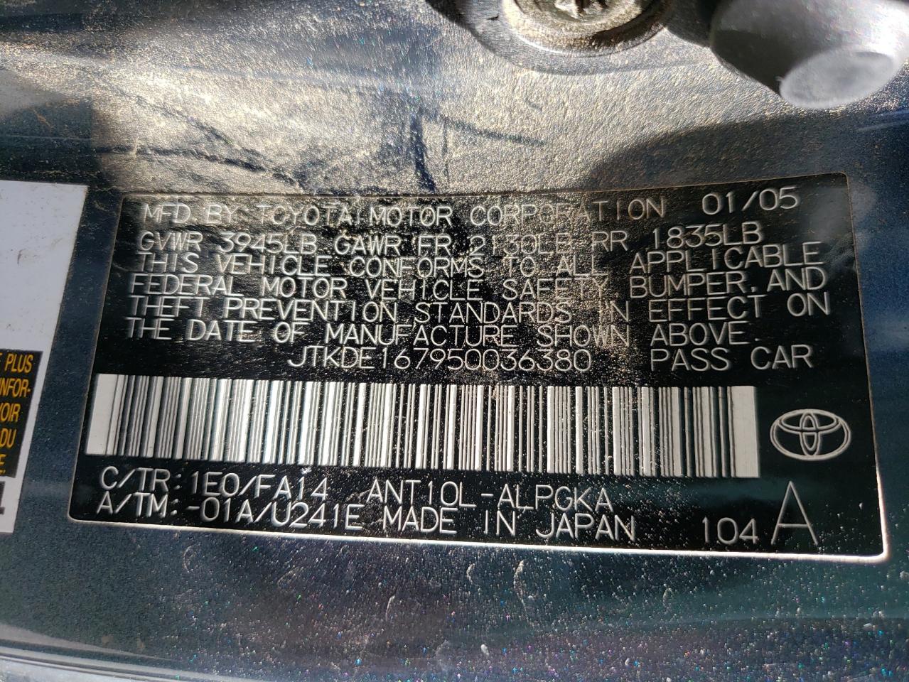 Photo 10 from auction – 2005 TOYOTA SCION TC with VIN JTKDE167950036380