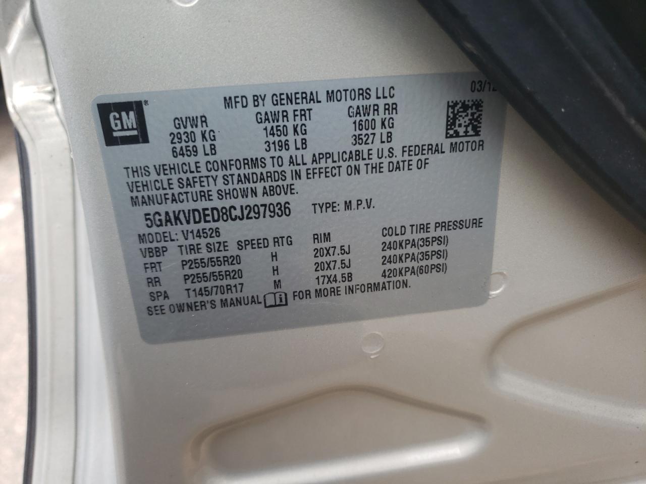Photo 10 from auction – 2012 BUICK ENCLAVE with VIN 5GAKVDED8CJ297936