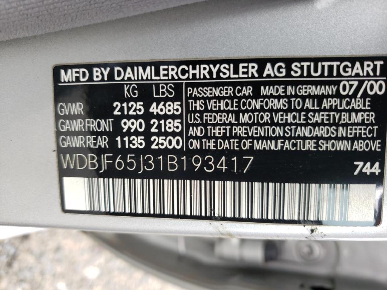 Photo 10 from auction – 2001 MERCEDES-BENZ E 320 with VIN WDBJF65J31B193417