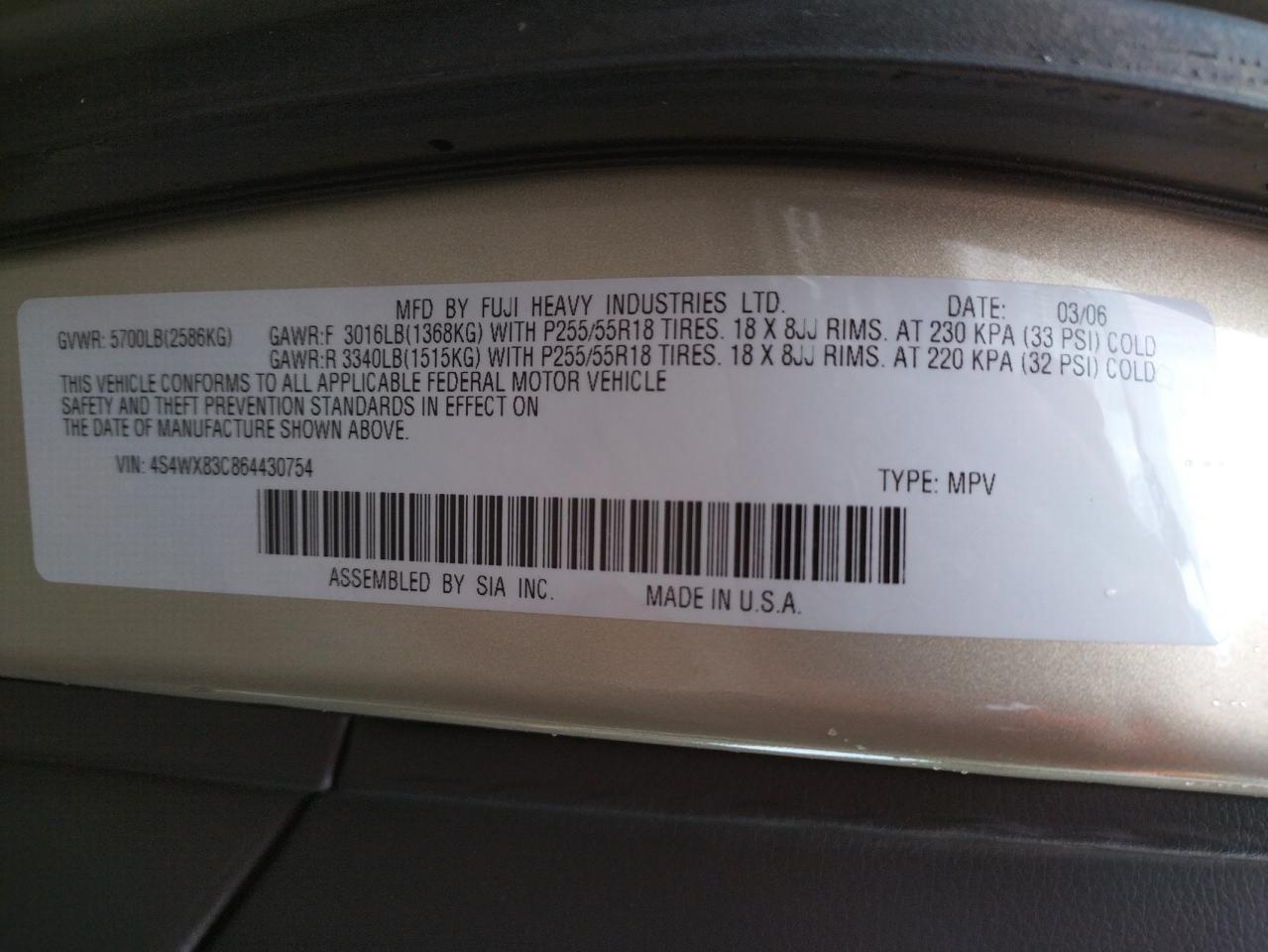 Photo 10 from auction – 2006 SUBARU B9 TRIBECA with VIN 4S4WX83C864430754