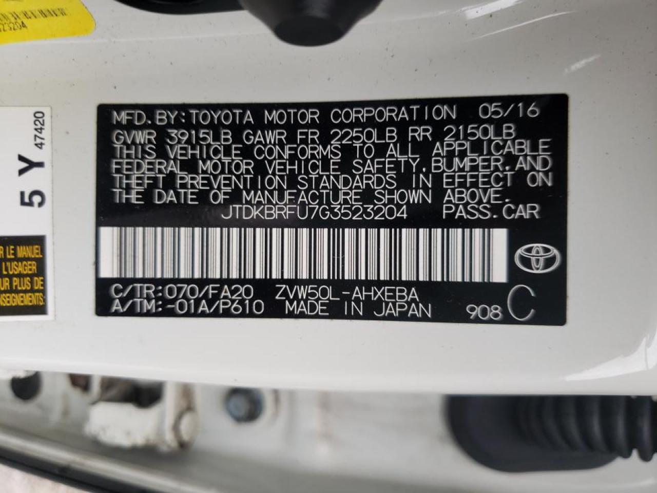 Photo 10 from auction – 2016 TOYOTA PRIUS with VIN JTDKBRFU7G3523204