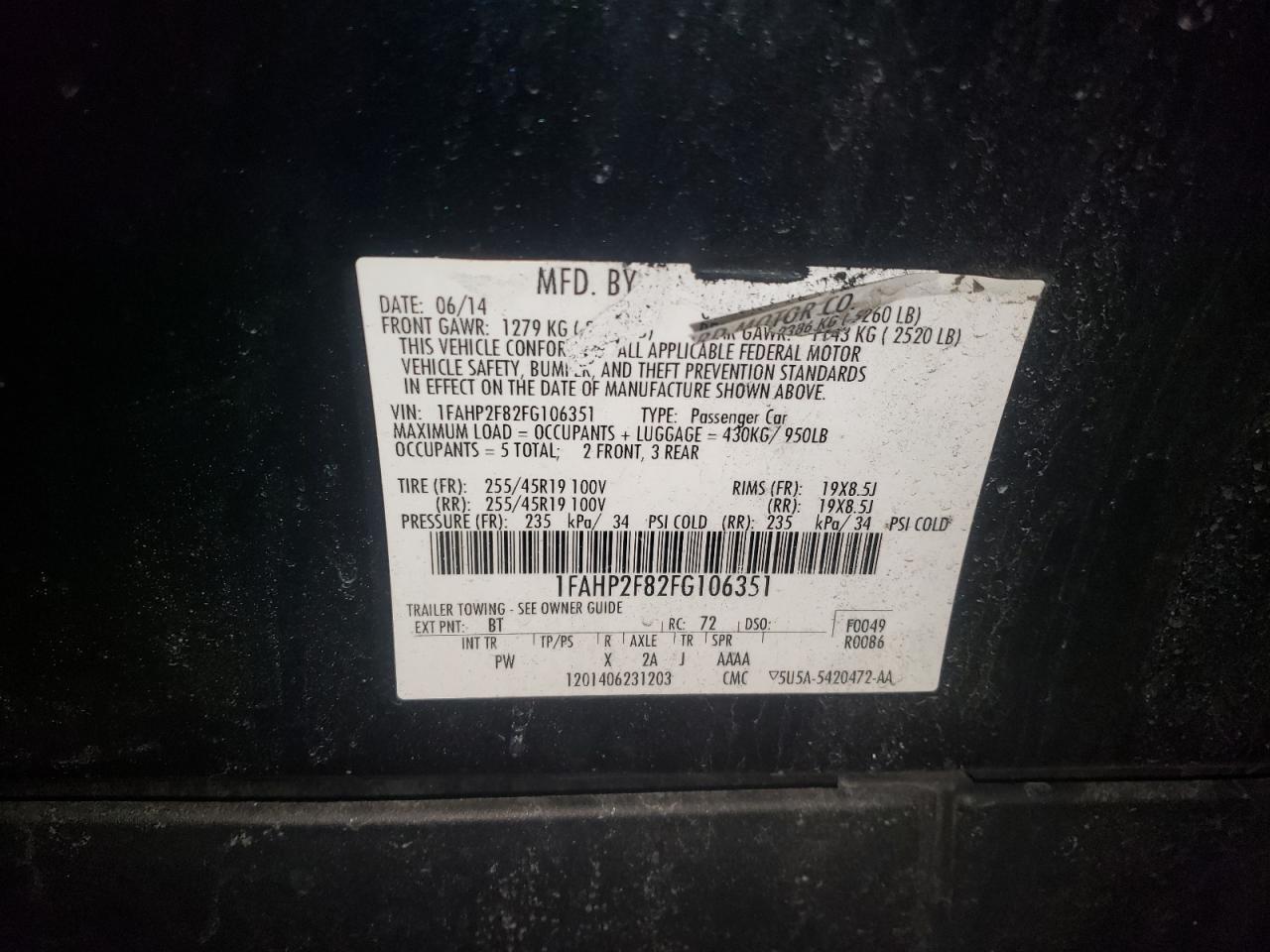 Photo 10 from auction – 2015 FORD TAURUS LIM with VIN 1FAHP2F82FG106351