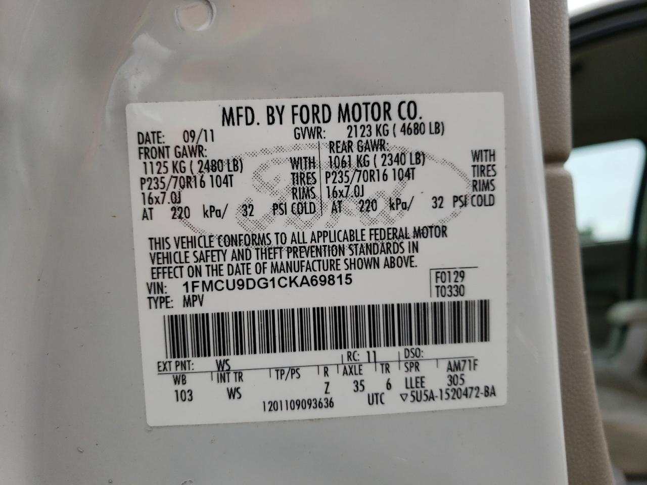 Photo 10 from auction – 2012 FORD ESCAPE XLT with VIN 1FMCU9DG1CKA69815