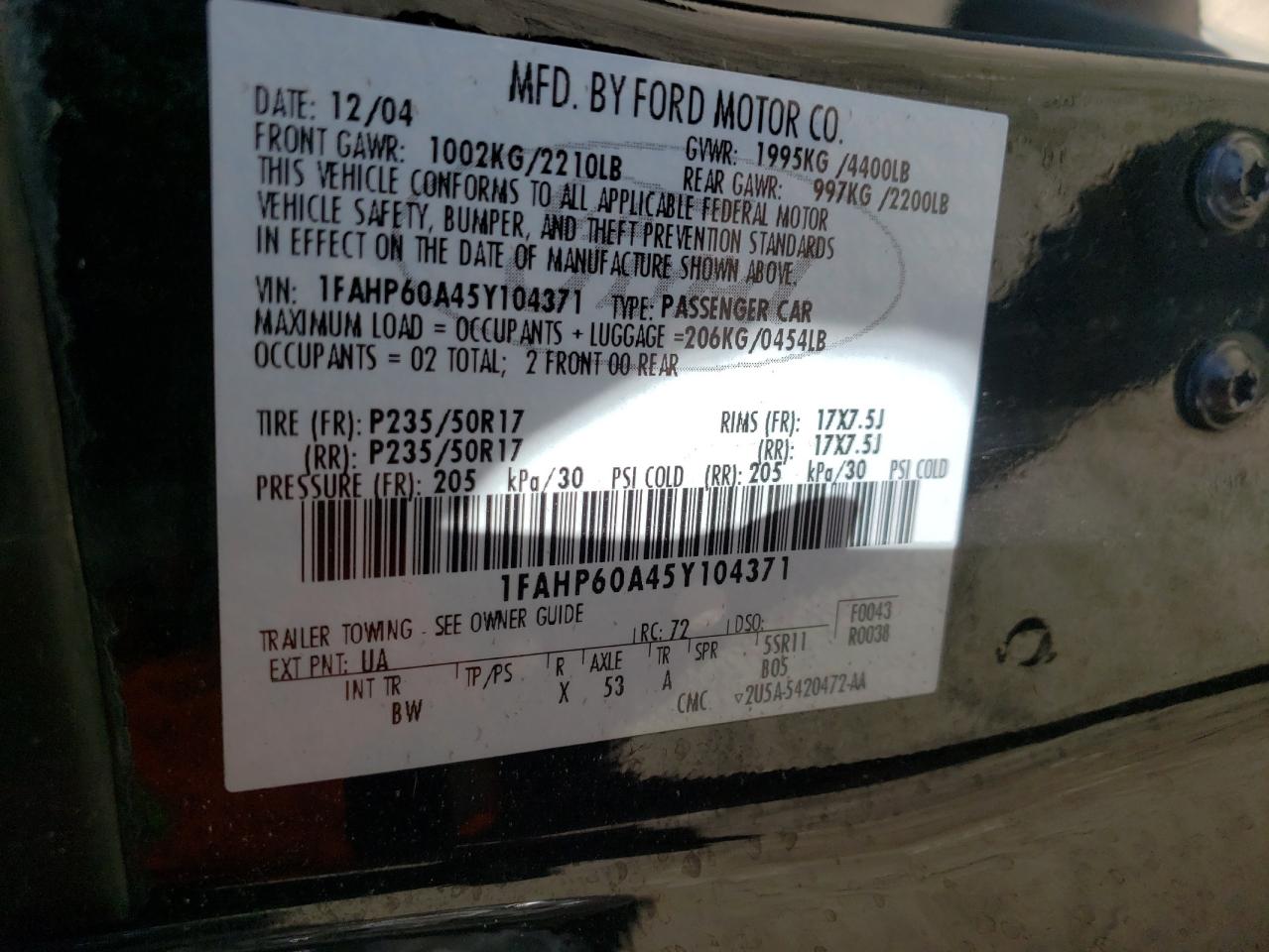 Photo 10 from auction – 2005 FORD THUNDERBIR with VIN 1FAHP60A45Y104371